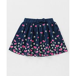 Babyhug 100% Cotton Knit Sleeveless Striped Top and Floral Printed Skirt with Bow Applique - Pink & Navy Blue