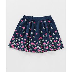 Babyhug 100% Cotton Knit Sleeveless Striped Top and Floral Printed Skirt with Bow Applique - Pink & Navy Blue