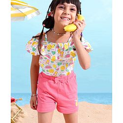 Babyhug 100% Cotton OffShoulder Watermelon Print Top with Shorts Set with Bow Applique - White & Pink
