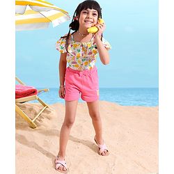 Babyhug 100% Cotton OffShoulder Watermelon Print Top with Shorts Set with Bow Applique - White & Pink
