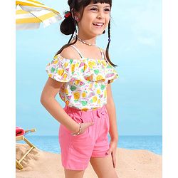 Babyhug 100% Cotton OffShoulder Watermelon Print Top with Shorts Set with Bow Applique - White & Pink