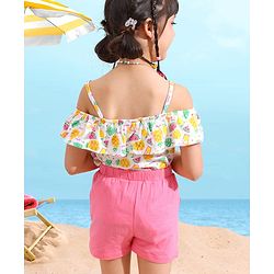 Babyhug 100% Cotton OffShoulder Watermelon Print Top with Shorts Set with Bow Applique - White & Pink