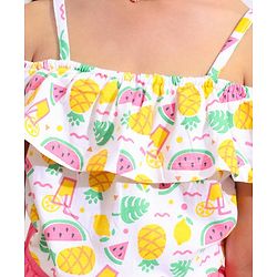 Babyhug 100% Cotton OffShoulder Watermelon Print Top with Shorts Set with Bow Applique - White & Pink