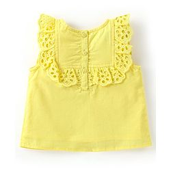 Babyhug 100% Cotton Woven Sleeveless Top With Floral Embroidery & Schiffli Frill Detailing - Yellow