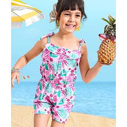 Babyhug 100% Cotton Singlet Sleeves Jumpsuit Floral Print - Pink