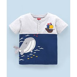 Babyhug Cotton Half Sleeves T-Shirt Whale Applique - Navy Blue & Grey