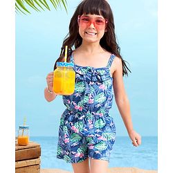 Babyhug 100% Cotton Singlet Sleeves Jumpsuit Floral Print - Navy Blue