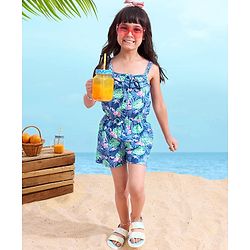 Babyhug 100% Cotton Singlet Sleeves Jumpsuit Floral Print - Navy Blue