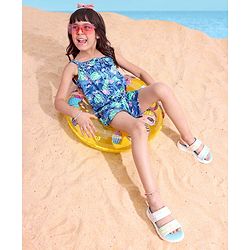 Babyhug 100% Cotton Singlet Sleeves Jumpsuit Floral Print - Navy Blue