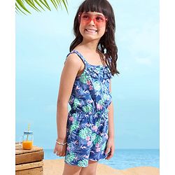 Babyhug 100% Cotton Singlet Sleeves Jumpsuit Floral Print - Navy Blue