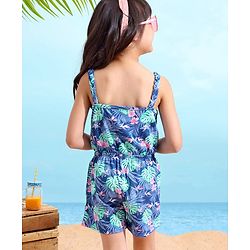Babyhug 100% Cotton Singlet Sleeves Jumpsuit Floral Print - Navy Blue