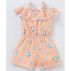 Babyhug 100% Cotton Knitted Singlet Sleeves Checks Jumpsuit - Orange