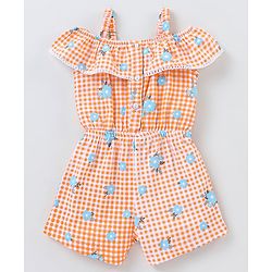 Babyhug 100% Cotton Knitted Singlet Sleeves Checks Jumpsuit - Orange