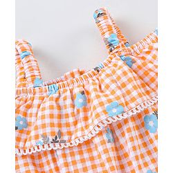 Babyhug 100% Cotton Knitted Singlet Sleeves Checks Jumpsuit - Orange