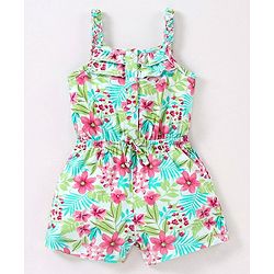 Babyhug 100% Cotton Knit Sleeveless Jumpsuit Floral Print - Mint