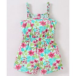 Babyhug 100% Cotton Knit Sleeveless Jumpsuit Floral Print - Mint