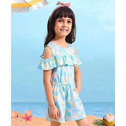 Babyhug 100% Cotton Sleeveless Jumpsuit Floral Print - Mint Blue