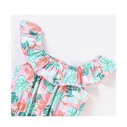 Babyhug 100% Cotton Knitted Sleeveless Jumpsuit With Attched Bow Leaf Print - Peach
