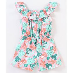 Babyhug 100% Cotton Knitted Sleeveless Jumpsuit With Attched Bow Leaf Print - Peach