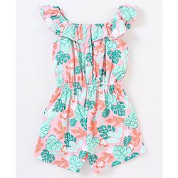 Babyhug 100% Cotton Knitted Sleeveless Jumpsuit With Attched Bow Leaf Print - Peach