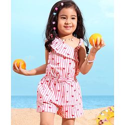 Babyhug 100% Cotton Knitted Sleeveless Jumpsuit with Bow Applique Striped - Pink