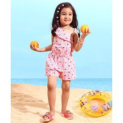 Babyhug 100% Cotton Knitted Sleeveless Jumpsuit with Bow Applique Striped - Pink