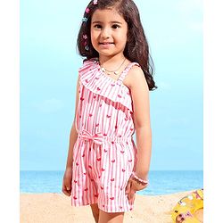 Babyhug 100% Cotton Knitted Sleeveless Jumpsuit with Bow Applique Striped - Pink