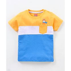 Babyhug Cotton Half Sleeves Color Block T-Shirt Tiger Print- Yellow & Blue