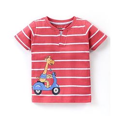 Babyhug Cotton Knit Half Sleeves Striped T-Shirt Giraffe Print - Red