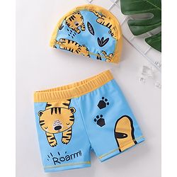 Babyhug Quick Dry Swimming Trunk With Cap Tiger Print- Blue