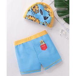 Babyhug Quick Dry Swimming Trunk With Cap Tiger Print- Blue