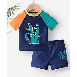Babyhug Half Sleeves Crocodile Print Two Piece Swimsuit - Navy Blue
