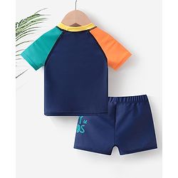 Babyhug Half Sleeves Crocodile Print Two Piece Swimsuit - Navy Blue