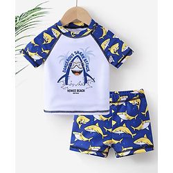 Babyhug Half Sleeves Mid Thigh Length Swimsuit Shark Print - Blue