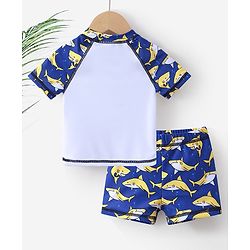 Babyhug Half Sleeves Mid Thigh Length Swimsuit Shark Print - Blue