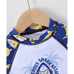 Babyhug Half Sleeves Mid Thigh Length Swimsuit Shark Print - Blue