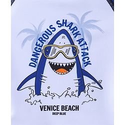 Babyhug Half Sleeves Mid Thigh Length Swimsuit Shark Print - Blue
