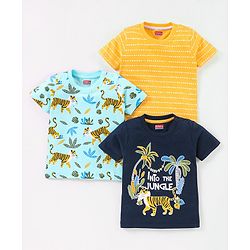 Babyhug Cotton Knit Half Sleeves Tiger Printed T-Shirts Pack of 3 - Navy Blue & Yellow