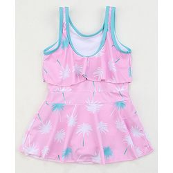 Babyhug Sleeveless Frock Swimsuit Tropical Print - Pink