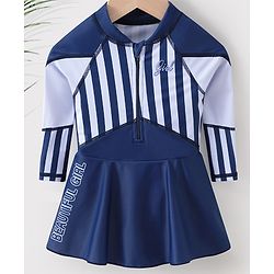 Babyhug Full Sleeves Frock Swimsuit Striped- Blue