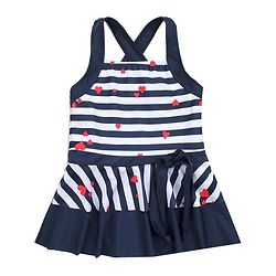 Babyhug Sleeveless Frock Swim Suit Stripes & Heart Print- Navy Blue & White
