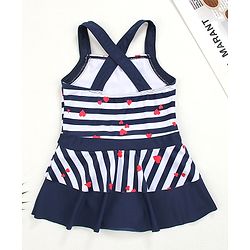 Babyhug Sleeveless Frock Swim Suit Stripes & Heart Print- Navy Blue & White