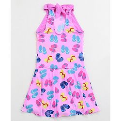 Babyhug Sleeveless Frock Swimsuit Slipper Print - Pink