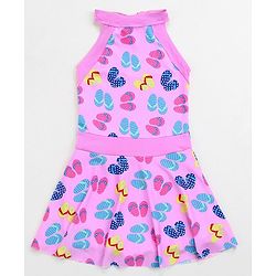 Babyhug Sleeveless Frock Swimsuit Slipper Print - Pink