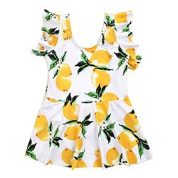 Babyhug Frill Sleeves Frock Swimsuit Fruit Print - White & Yellow