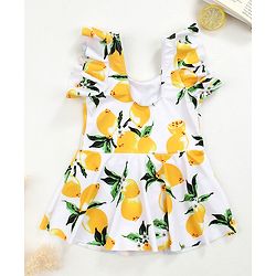Babyhug Frill Sleeves Frock Swimsuit Fruit Print - White & Yellow