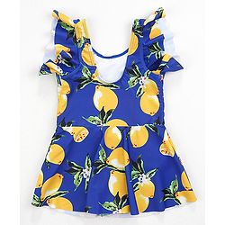 Babyhug Frill Sleeves Frock Swimsuit Fruit Print - Navy & Yellow