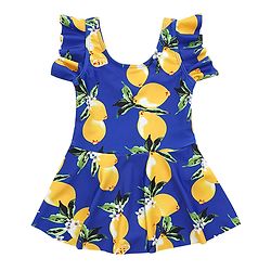 Babyhug Frill Sleeves Frock Swimsuit Fruit Print - Navy & Yellow