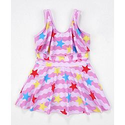 Babyhug Sleeveless Frock Swimsuit Stars Print - Pink