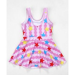 Babyhug Sleeveless Frock Swimsuit Stars Print - Pink